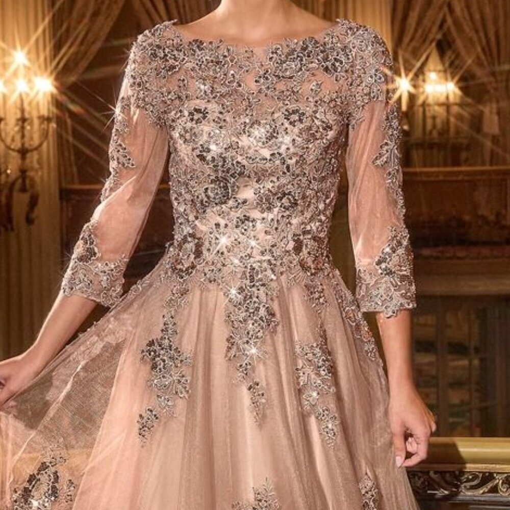 New Formal Tulle Lace Embroidered Maxi Gown w/ 3/4 Sleeves & V-Back CD J883 - Picture 9 of 10